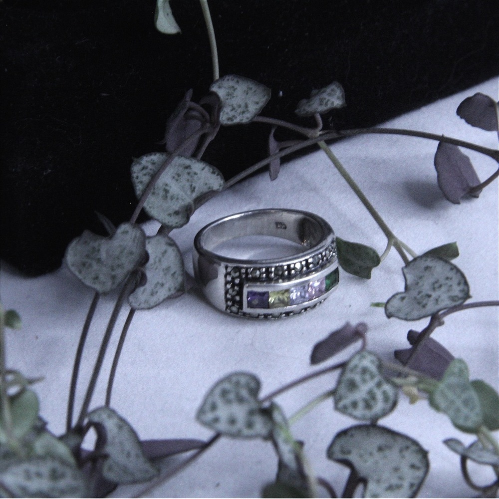 925 Sterling Silver Multi Gemstone Marcasite‎ Wide Band Ring Size 6.75